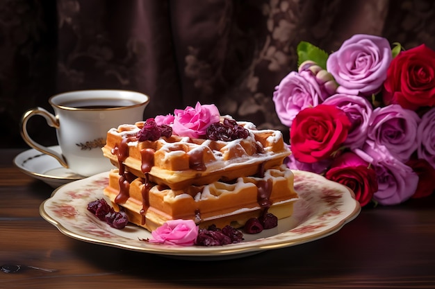 Belgische wafels met croissants en bloemen