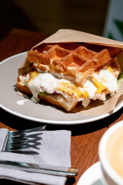 Belgische wafels met eieren en spek op houten tafel Ontbijt in het café