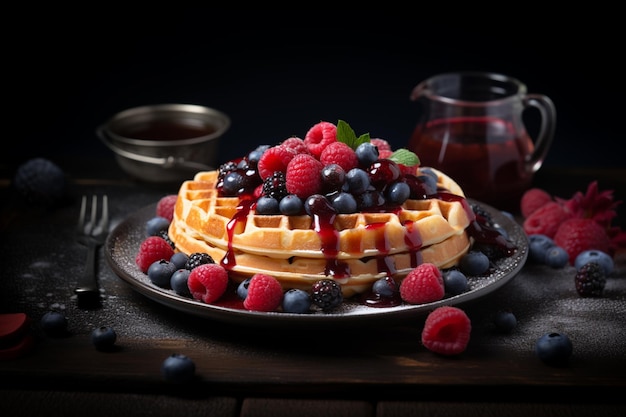 Belgische wafels met frambozen blauwe bessen siroop op een bord donkere achtergrond voedselfotografie