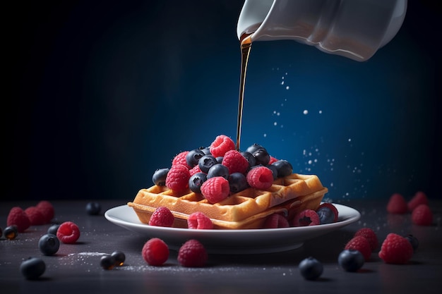 Belgische wafels met frambozen een ontbijt met bosbessen en stroop