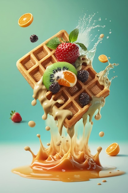 Belgische wafels met fruit op blauwe achtergrond