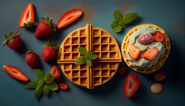 Belgische wafels met verse aardbeien en honing op houten backgroundgenerative ai