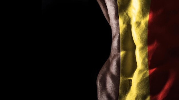 Belgium flag on abs muscles national sport workout, bodybuilding concept, black background