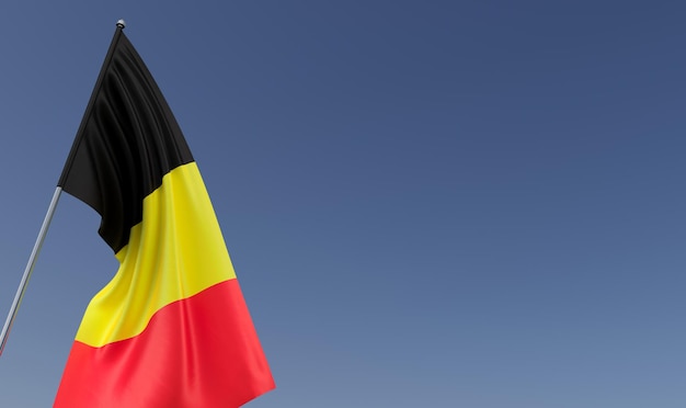 파란색 배경에 깃대에 벨기에 깃발 텍스트 장소 깃발이 바람에 펼쳐지고 있습니다 벨기에 브뤼셀 유럽 3D 그림