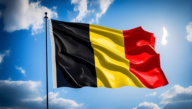 The Belgium Flag waving proudly in the wind surrounded by a clear blue sky and fluffy white clouds evoking a sense of national pride and unity