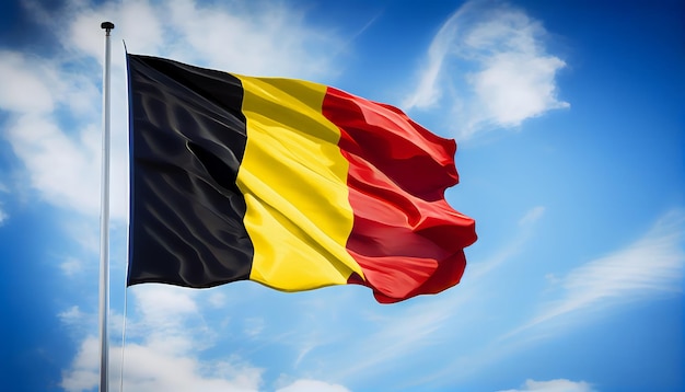 The Belgium Flag waving proudly in the wind surrounded by a clear blue sky and fluffy white clouds evoking a sense of national pride and unity