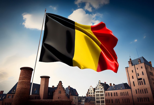 Foto la bandiera belga sventolata sullo sfondo del cielo nella tradizionale città belga vicino al castello