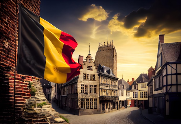 The Belgium Flag waving on the sky background in traditional Belgium town near the castle