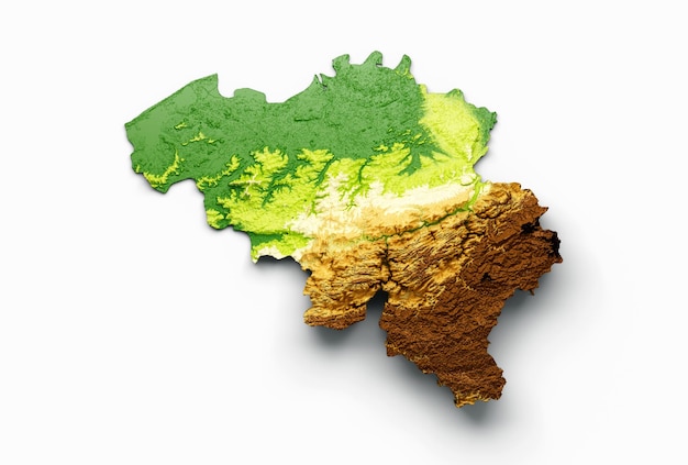 Belgium Map Shaded relief Color Height map on white Background 3d illustration