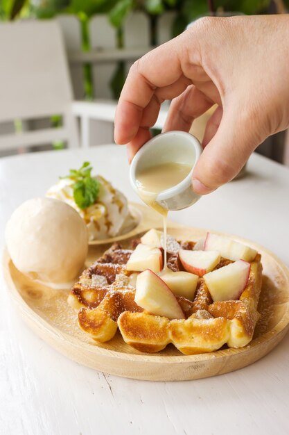 Belgium waffle with ice cream. 