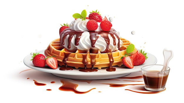 Belgium waffles with chocolate sauce ice cream and strawberries isolated on white background Colorful realistic illustration Generative AI art