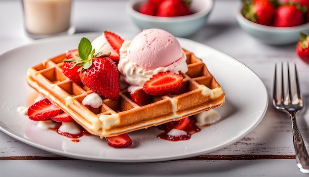 Photo belgium waffles with strawberries and ice cream on white plate