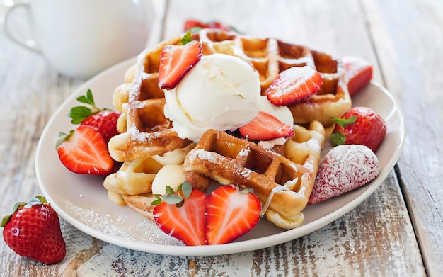 Belgium waffles with strawberries and ice cream on white plate