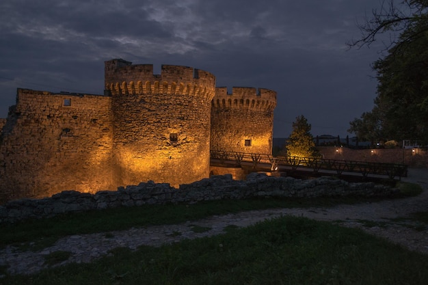 Belgrade fortress Kalemegdan walls with ruins bridge and tower buildings