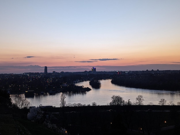 Belgrade skyline with the Sava river at sunset Serbia