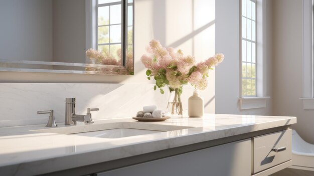 belichaamt de rust en stijl van een goed ontworpen badkamer met een slanke wastafel en spiegel