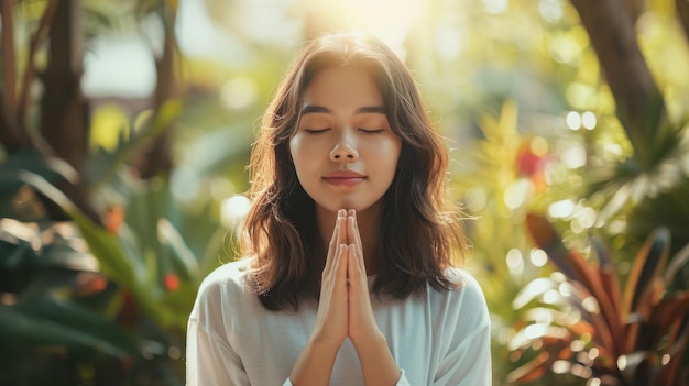 Believe faith charity calm asian young woman show gratitude folded hands in prayer feel grateful meditating with her eyes closed praying to request God for help Religious forgiveness concept