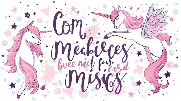 Photo believe in miracles modern magic quote with cute unicorn flying in the sky star dust surrounded by motivational lettering