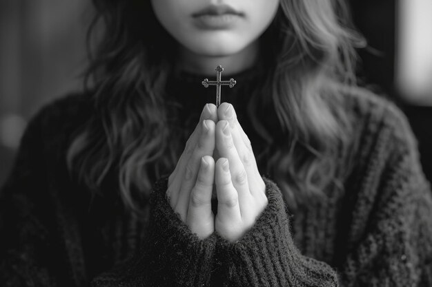 Photo a believer prays a christian39s holy cross in his hands