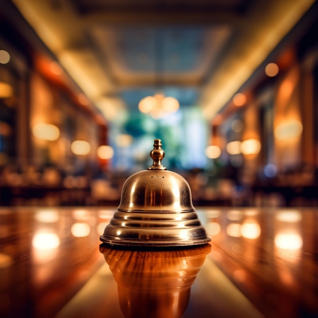 A bell on a bar with a blurred background.