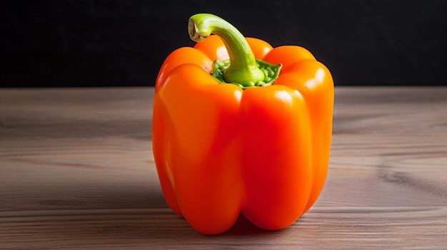 a bell pepper on a wooden table with a black background