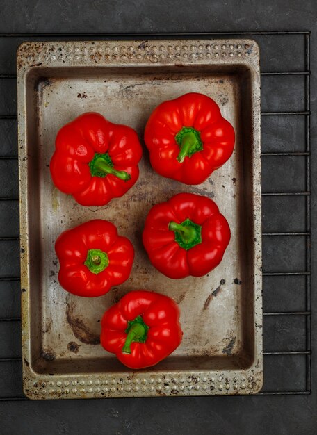 Bell peppers in tray closeup top view