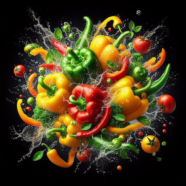 Bell peppers vegetables splash isolated on black background