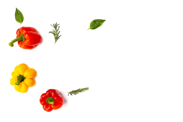 Bell peppers with rosemary sprigs and basil leaves, top view