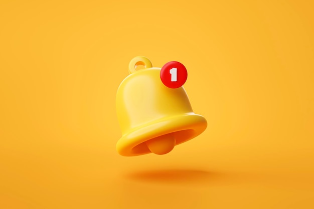 Bell reminder notification alert or alarm icon sign or symbol for application website ui on yellow background 3d rendering illustration
