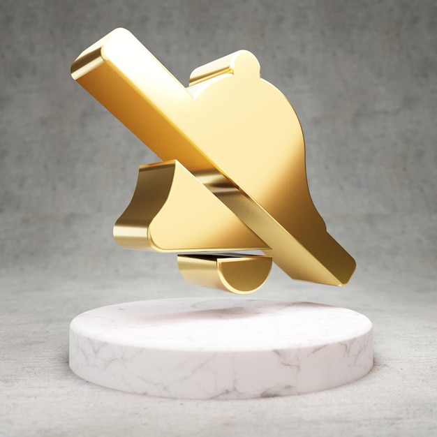 Фото Значок bell slash. золотой глянцевый символ bell slash на белом мраморном подиуме. современный значок для веб-сайта, социальных сетей, презентации, элемента шаблона дизайна. 3d визуализация.