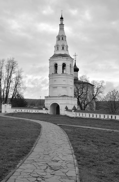 The bell tower of the Boris and Gleb Church The path to the Orthodox church of Russian architecture of the XVI century Kideksha Suzdal Russia 2022