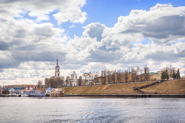 Bell tower cathedral pier view from the Volga Kineshma Ivanovo region