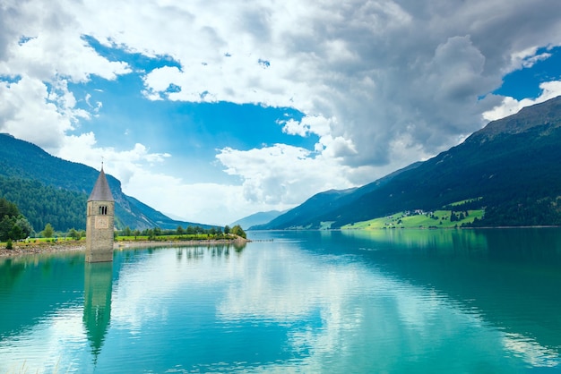 Bell tower of the Reschensee Resia South Tyrol Italy