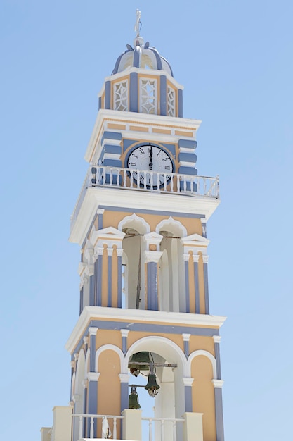 The bell tower of st john\'s catholic church fira on santorini\
island greece