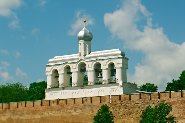 Bell tower of St. Sophia Cathedral . Veliky Novgorod ancient Russian city