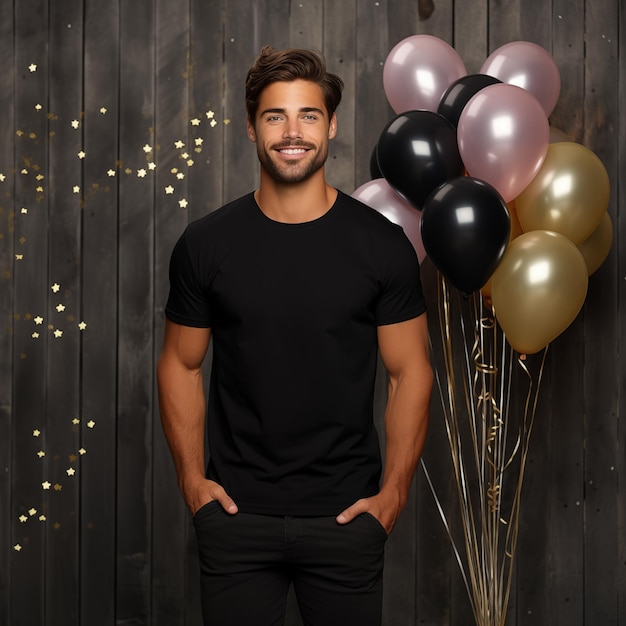 Photo bella canvas 3001 new year mockup male model white black tshirt celebration mockup mens black tee