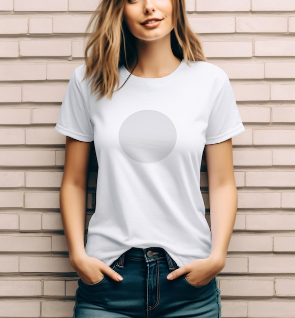 Bella White T-shirt mockup een blonde vrouw in een boho stijlvol t-shirt en jeans hippie chic close-up