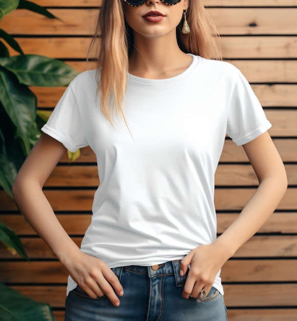 Bella White Tee shirt mockup a blond woman in a boho stylish tshirt and jeans hippie chic close up