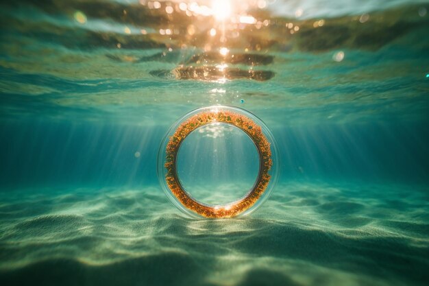 Bellenring onder water stijgt op naar de zon