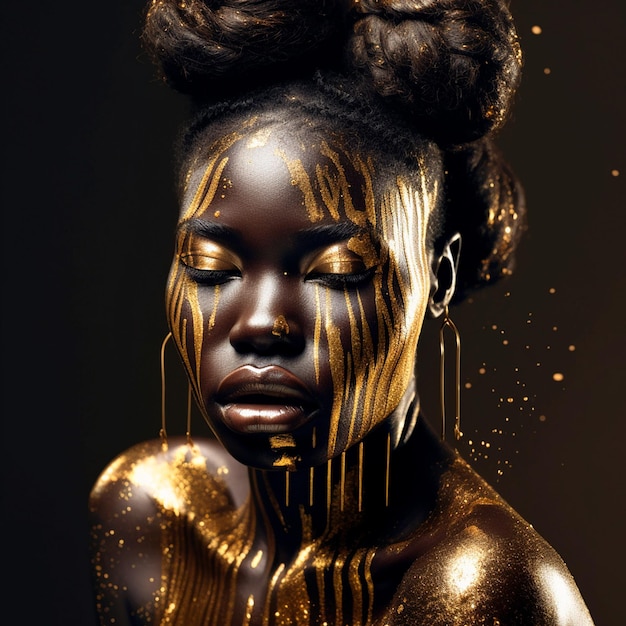 Photo belleza afroamericana pintura dorada con brillo en cara y labios brillantes