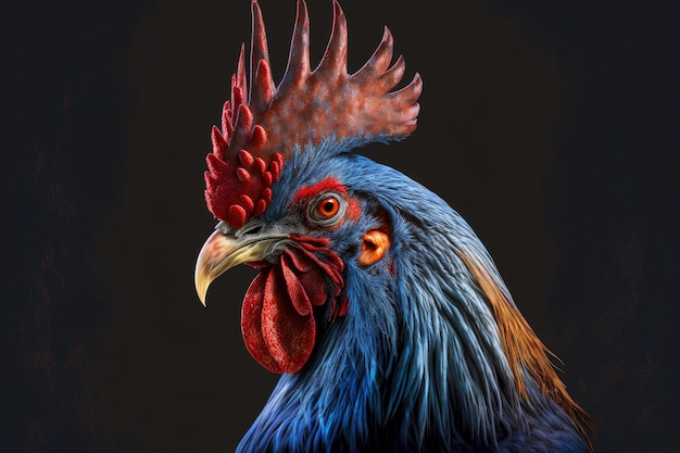 Belligerent rooster portrait head on blue background