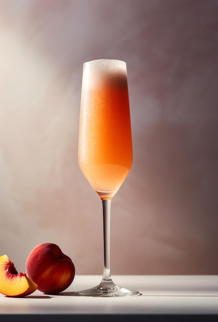 Bellini cocktail on light stone background Summer cocktail with peach on light background