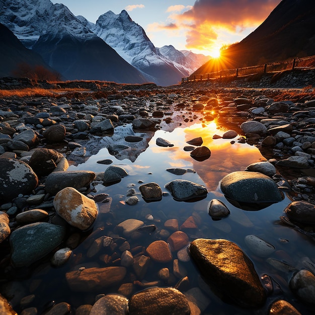 Bellissimo paesaggio con alte rocce con cime illuminate pietre nel lago di montagna riflesso (Прекрасный пейзаж с высокими скалами, освещающими озеро в горах)