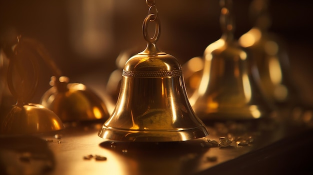Bells are sitting on a table with a chain hanging from them generative ai