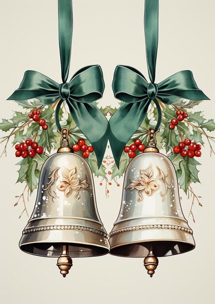 bells with bows and holly leaves on them hanging from a ribbon generative ai