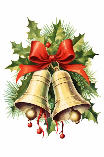 bells with holly leaves and red bow on white background generative ai