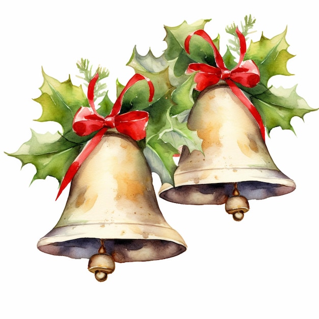 Bells with holly leaves and red bows on them generative ai