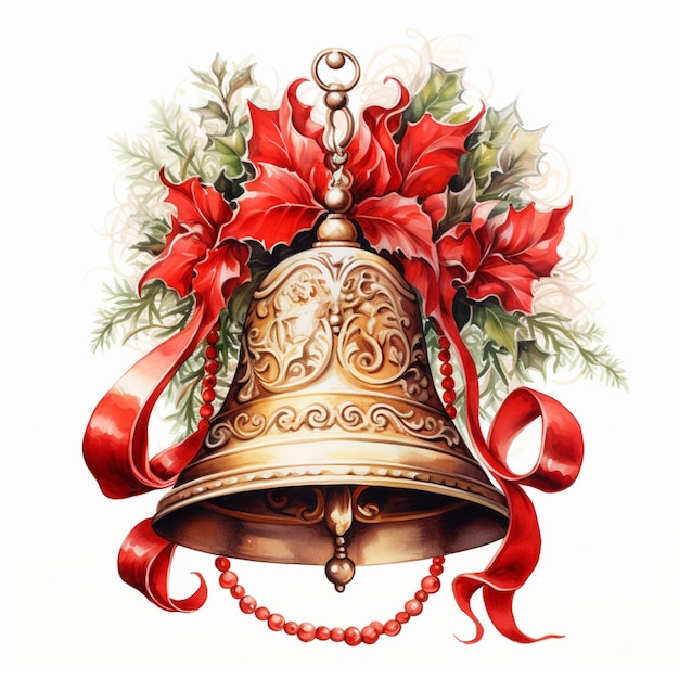 Foto campane con archi rossi e poinsetti su uno sfondo bianco generativo ai