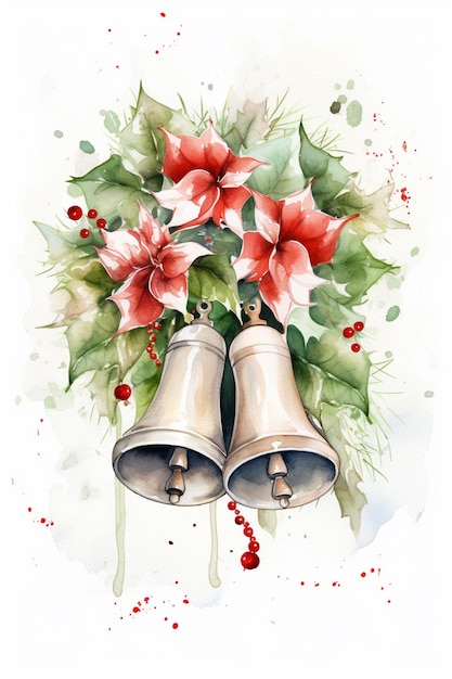 Bells with red flowers and green leaves on a white background generative ai
