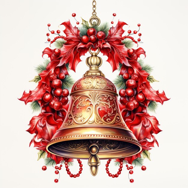 赤い花と赤いベリーの鐘が金のチェーンに吊り下げられています